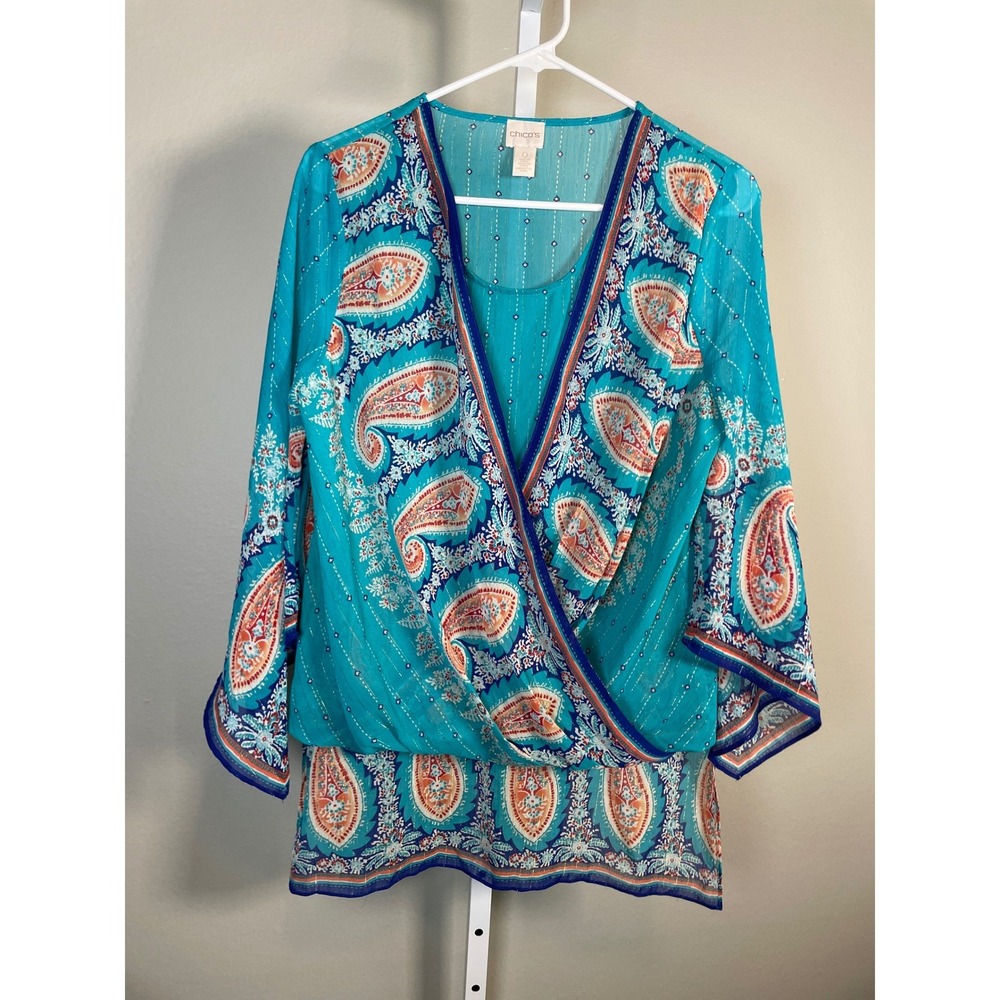 Chico's Blouse Women's Size 0 Small Teal Paisley Surplice V-Neck Lurex Pinstripe